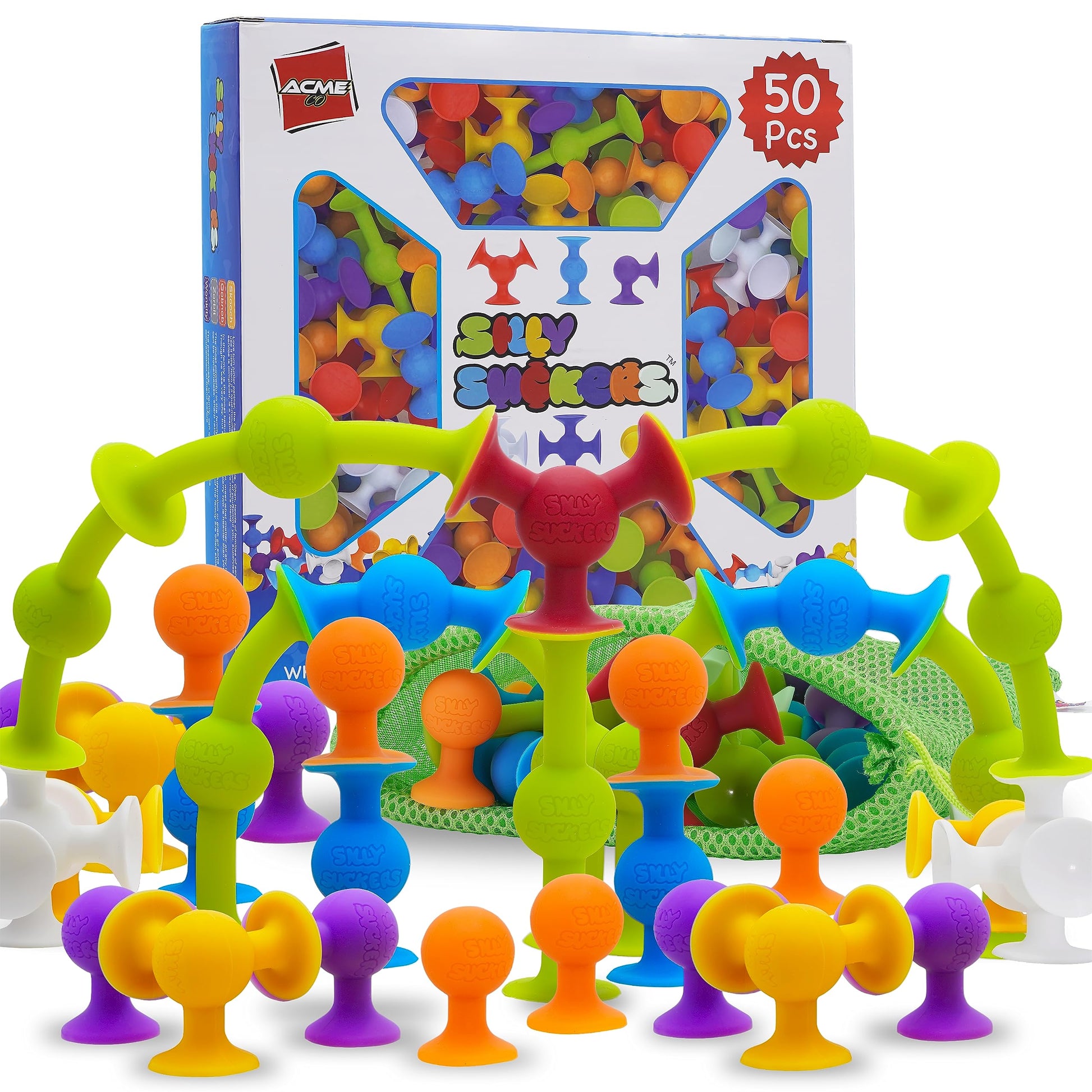 Silly Suckers Suction Toys 50 Pcs | Building Toys | Smooth Soft Edges | Montessori Toys | Toddler Toys | Sensory Toys | Bath Toy