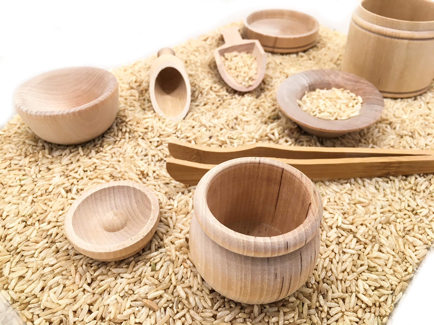 SimplytoPlay Sensory Bin Tools, Montessori Toys for Toddlers, Waldorf Toys, Wooden Scoops and Tongs for Transfer Work and Fine M