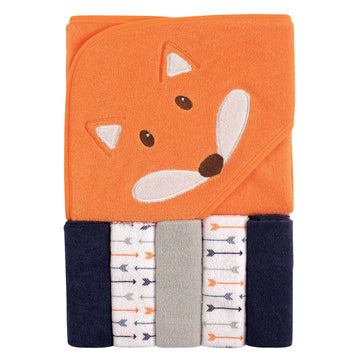 Luvable Friends Unisex Baby Hooded Towel With Five Washcloths, Boy Fox, One Size