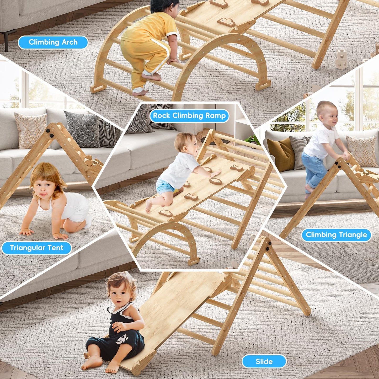 Pikler Triangle Set For Baby Climbing Toy Indoor Playground For Kid | Montessori Learning Toy With Arch, Ramp, And Climbing Tria