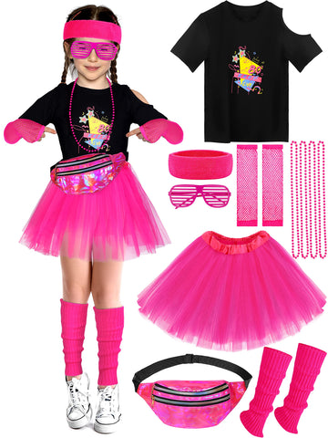 Somsoc 13 Pieces Kids 80S Costume Accessories Set Girl'S 80S Cosplay T-Shirt Tutu Outfit Headband Necklace Gloves Leg Warmer