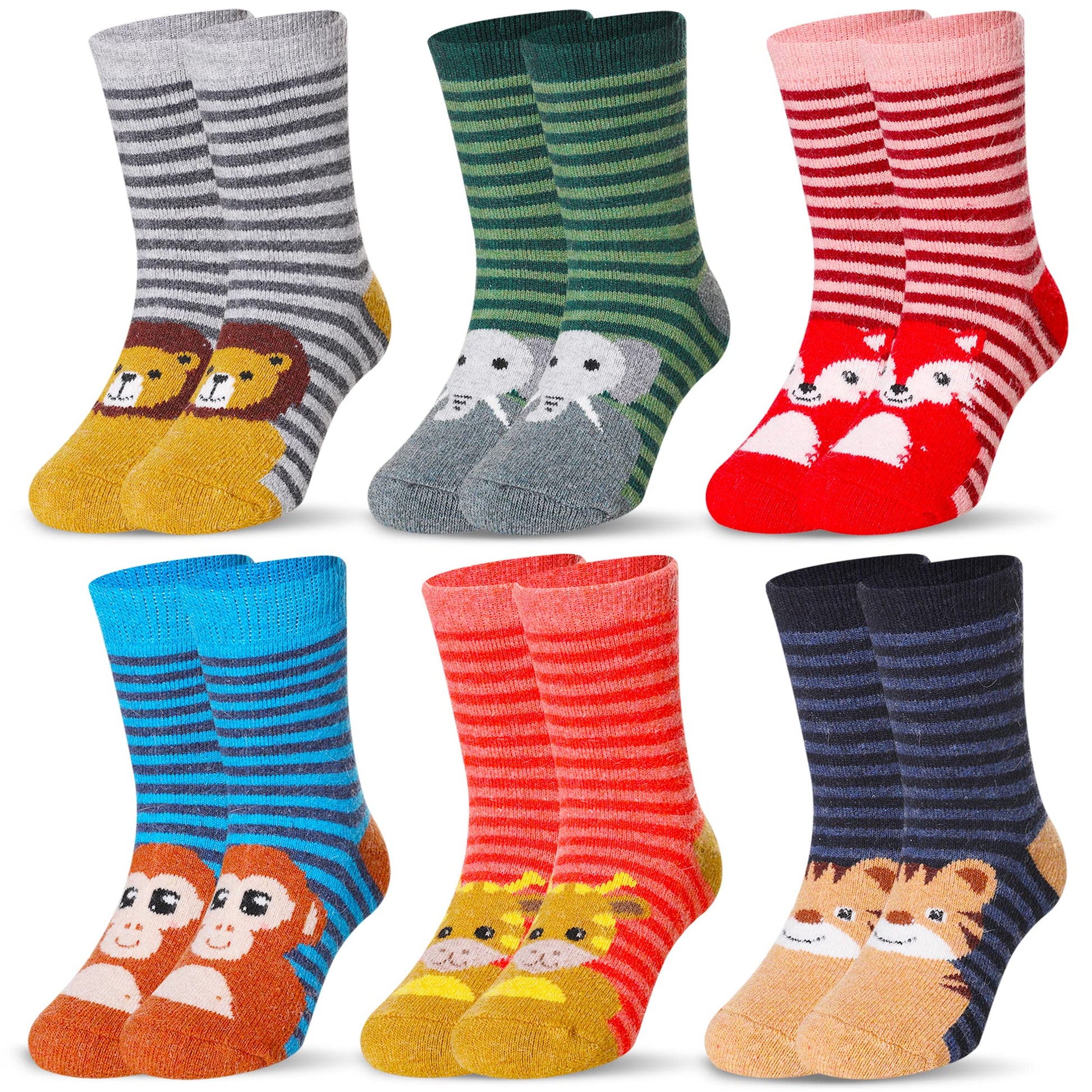 Eocom 6 Pairs Children'S Winter Warm Wool Animal Crew Socks Kids Boys Girls Socks (Stripe Animal, 1-3T)