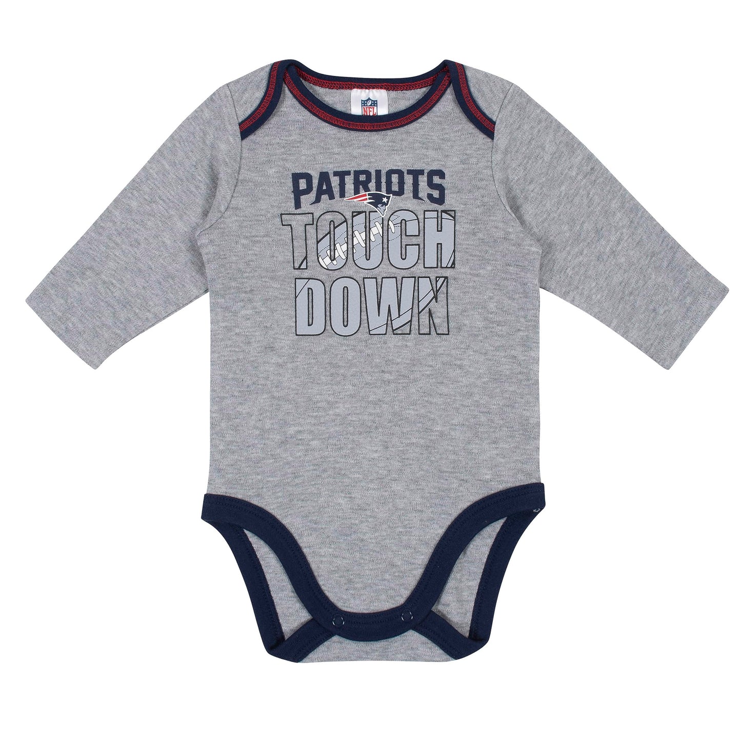 Gerber Nfl New England Patriots Boys Long Sleeve Bodysuit, Navy Blue/Grey, 0-3M, 2 Pack