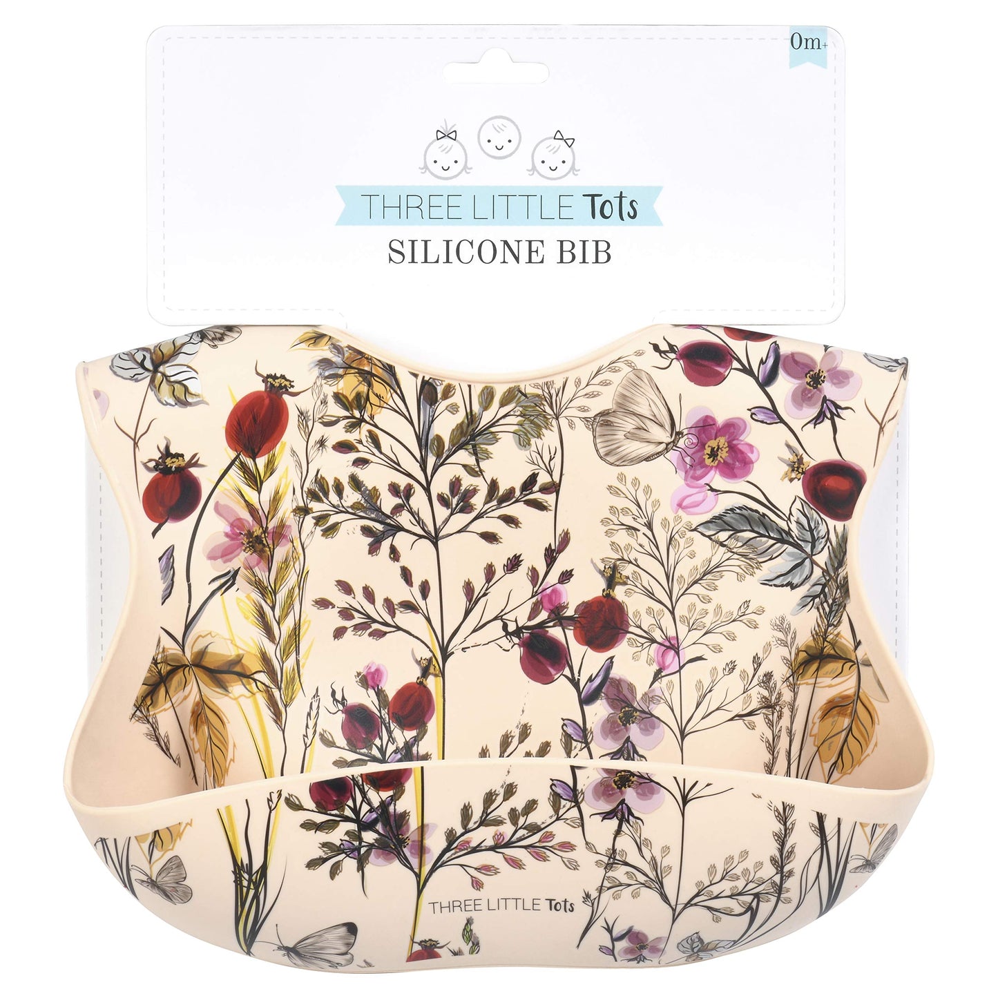 Three Little Tots Modern Silicone Baby Bib - Adjustable Fit Waterproof Catch Bibs ((Flower Print)