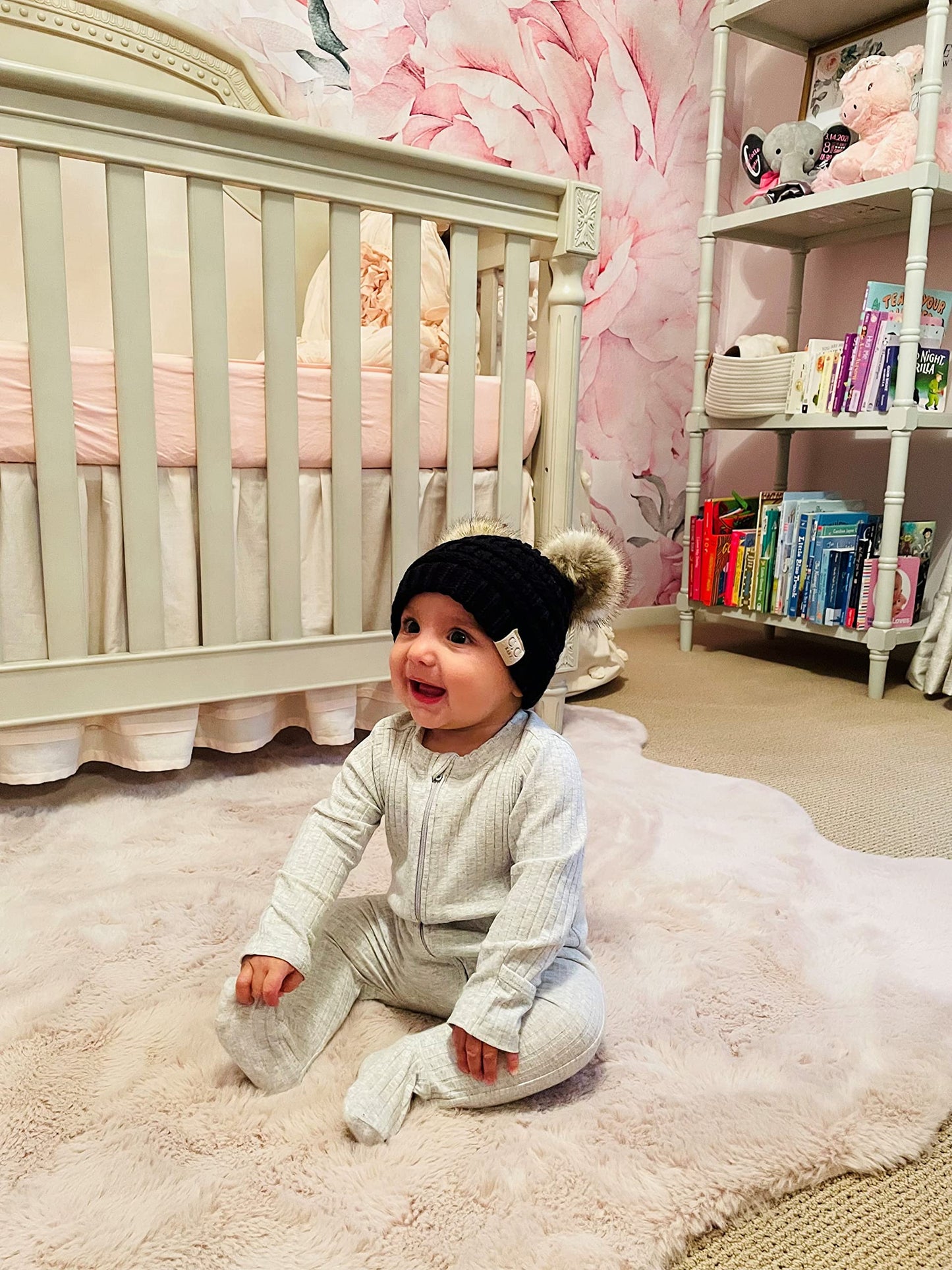 Funky Junque Exclusives Baby Girl Winter Hat Double Pom Pom Beanie, Black, Infants 0-12 Months