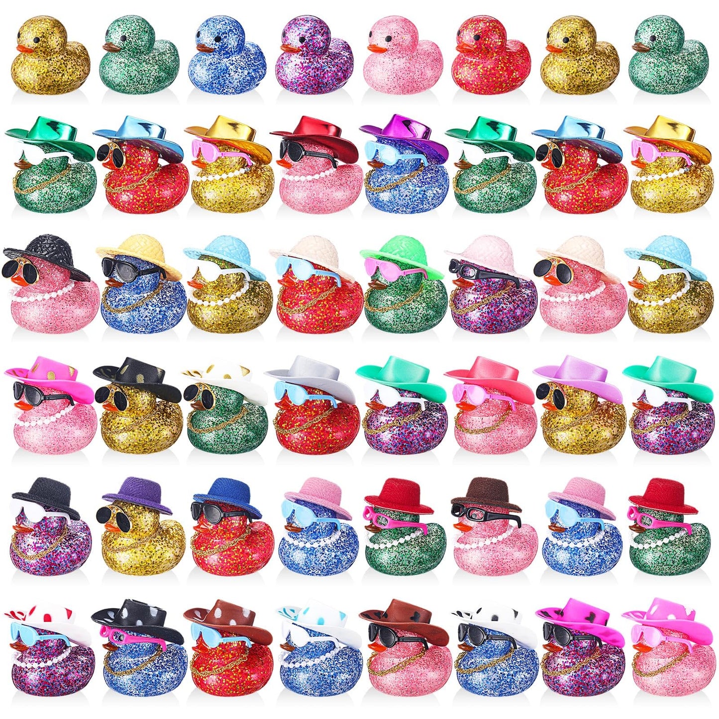 Realspring 200 Pcs Glitter Rubber in Bulk Summer Mini Rubber Ducks Bath Toy Accessories Sunglasses Necklace Hat for Baby Shower 