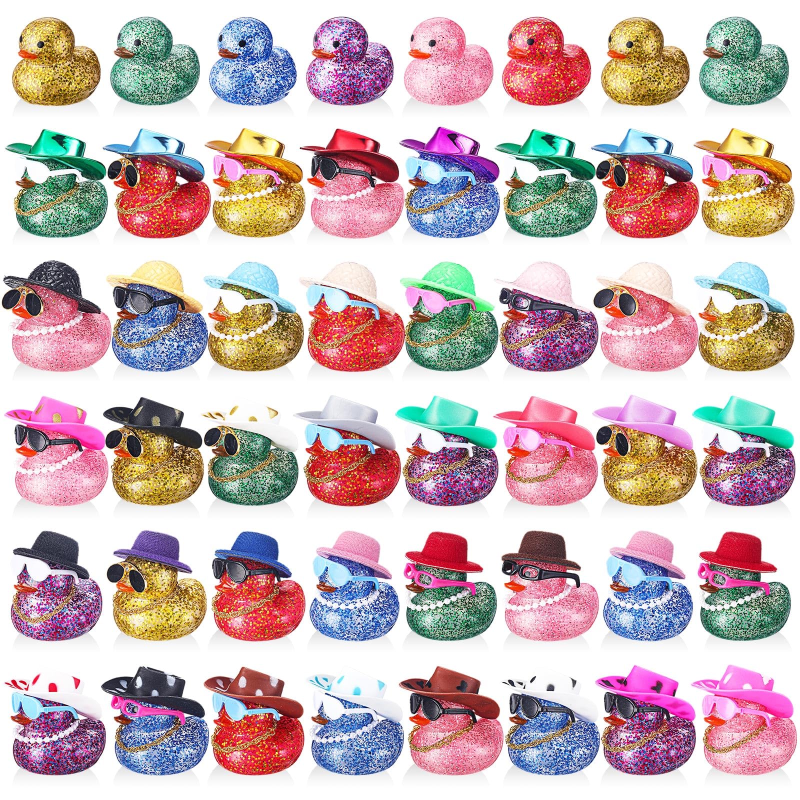Realspring 200 Pcs Glitter Rubber in Bulk Summer Mini Rubber Ducks Bath Toy Accessories Sunglasses Necklace Hat for Baby Shower 