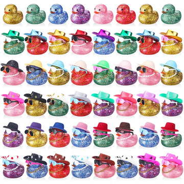 Realspring 200 Pcs Glitter Rubber in Bulk Summer Mini Rubber Ducks Bath Toy Accessories Sunglasses Necklace Hat for Baby Shower 