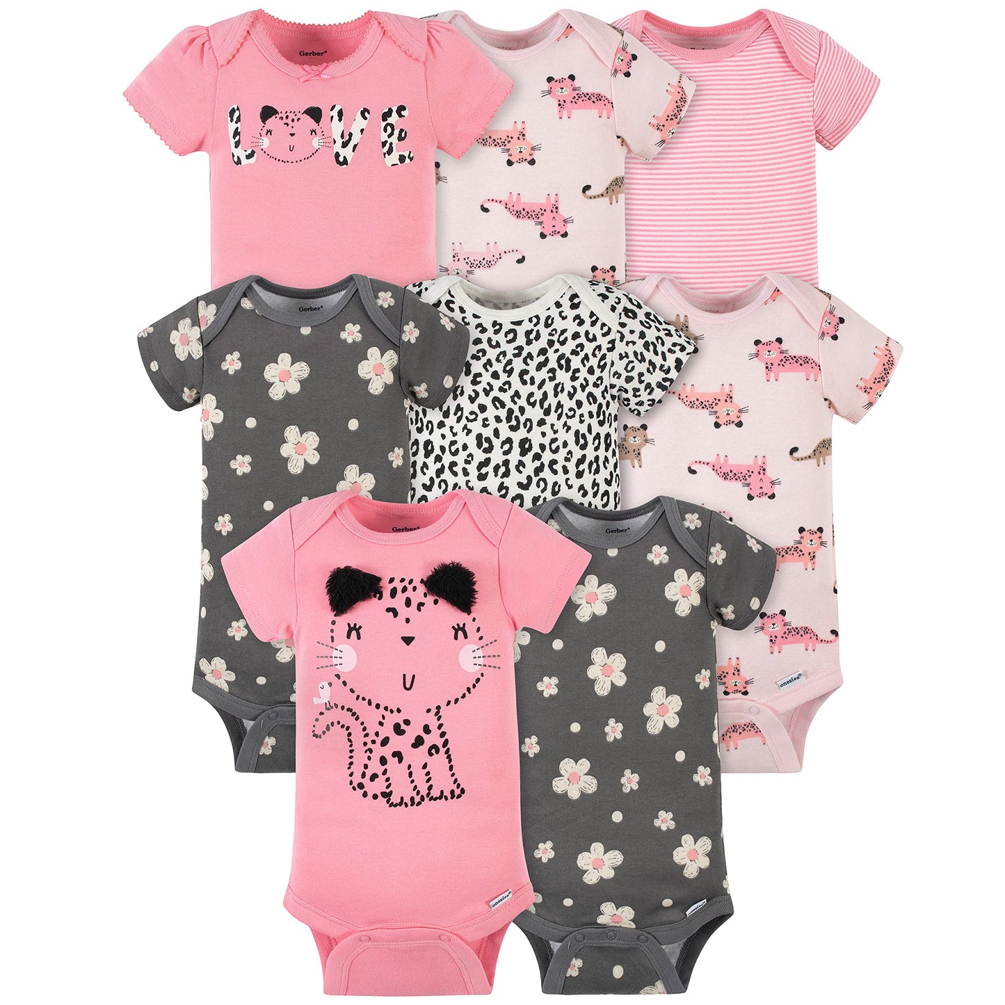 Gerber Baby 8-Pack Short Sleeve Onesies Bodysuits, Leopard Pink, Newborn