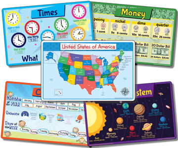 Early Learning Placemats For Kids, 5 Pc. Set, 100% Waterproof Educational Mats With Different Placemats For Different Age Groups
