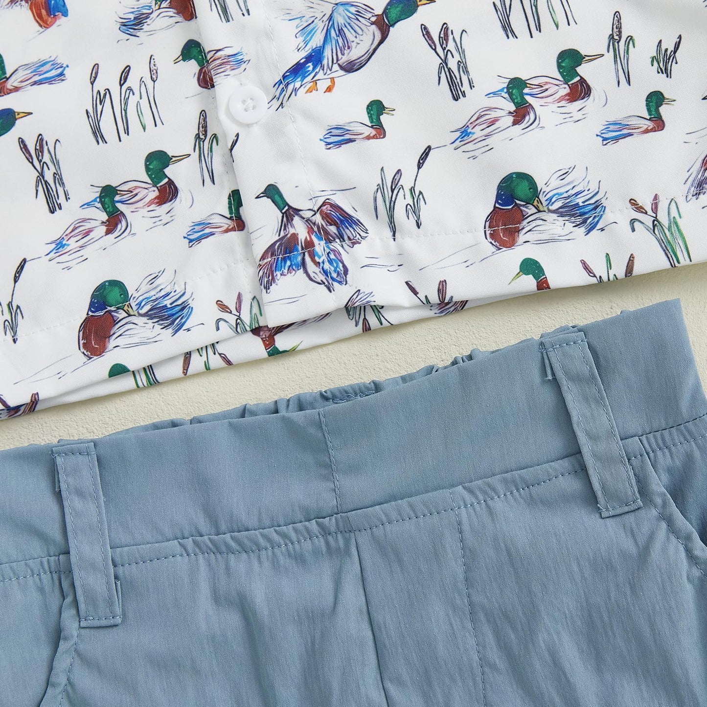 LAGKIYOJ Toddler Boy Summer Clothes Baby Boy Hunting Outfit Duck Print Lapel Button Down Shirt+Shorts Cute Infant Outfits (Blue