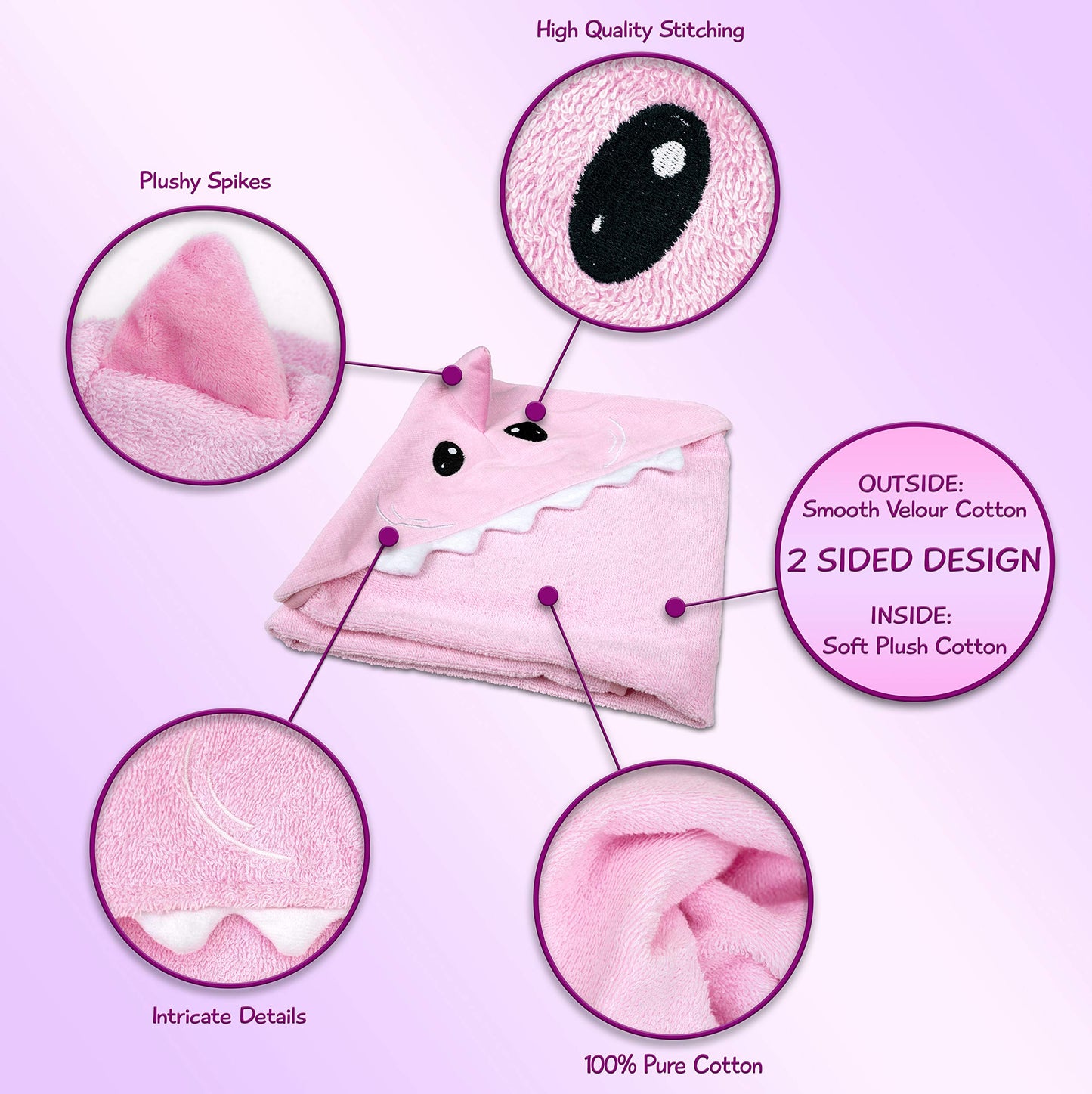 Hudz Kidz Hooded Baby Shark Towel, Soft 100% Cotton, Perfect For Newborn Through Toddler (Pink)