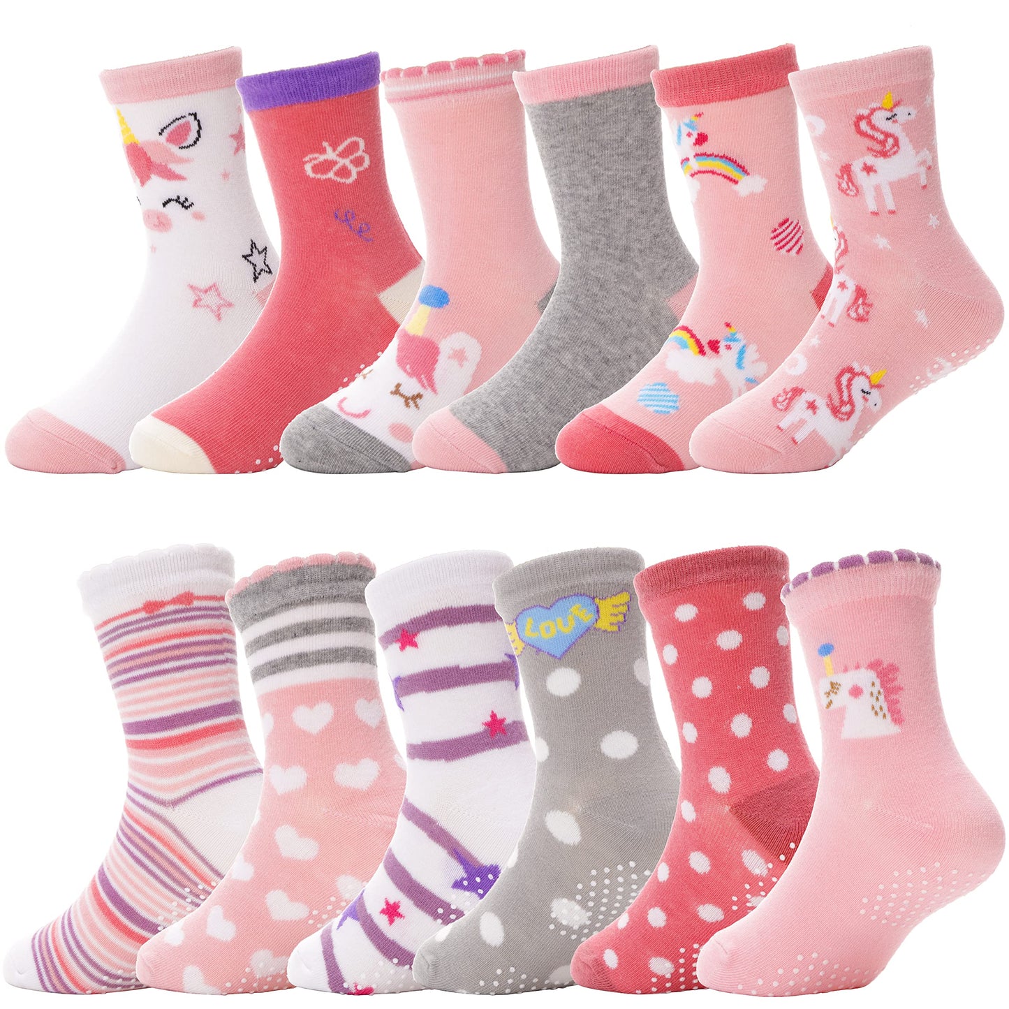 Antsang Baby Girls Toddlers Grips Socks Kids Non Slip/Anti Skid Unicorn Striped Crew Cotton Gift Socks 12 Pairs(Girl'S-Unicorn P