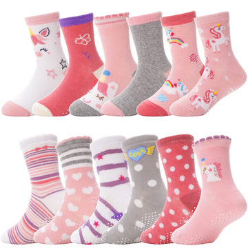 Antsang Baby Girls Toddlers Grips Socks Kids Non Slip/Anti Skid Unicorn Striped Crew Cotton Gift Socks 12 Pairs(Girl'S-Unicorn P