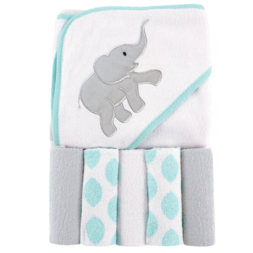 Luvable Friends Unisex Baby Hooded Towel With Five Washcloths, Cotton,Polyester,Ikat Elephant, One Size