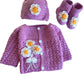 Hand Made 3 Piece Knitted Magnolia Flower Baby Crochet Set- Newborn Toddler Wool Sweater Set Includes- Booties & Hat (0-6, Purpl