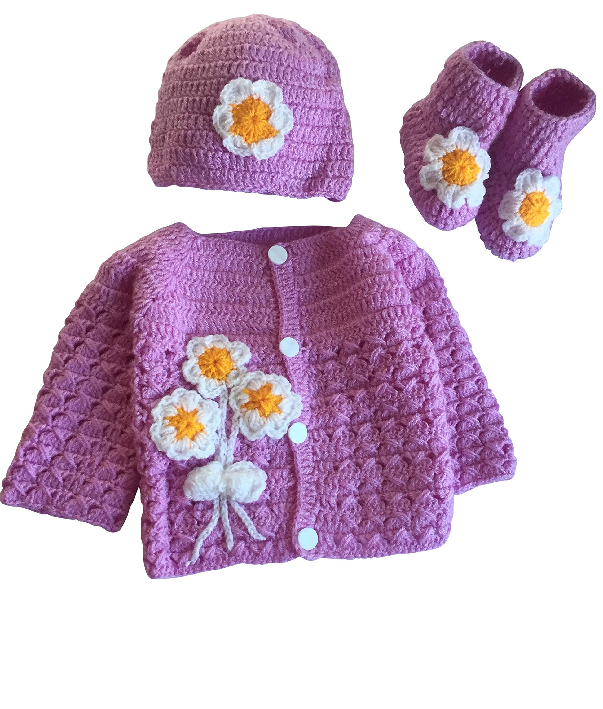 Hand Made 3 Piece Knitted Magnolia Flower Baby Crochet Set- Newborn Toddler Wool Sweater Set Includes- Booties & Hat (0-6, Purpl