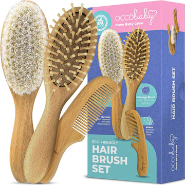 Occobaby Wooden Baby Hairbrush Set For Newborns & Toddlers - Baby Comb For Cradle Cap - Baby Comb And Brush Set For Baby Groomin