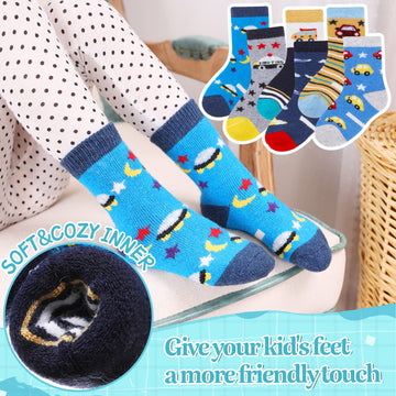 Eocom 6 Pairs Children'S Winter Warm Wool Animal Crew Socks Kids Boys Girls Socks (Car, 4-7X)