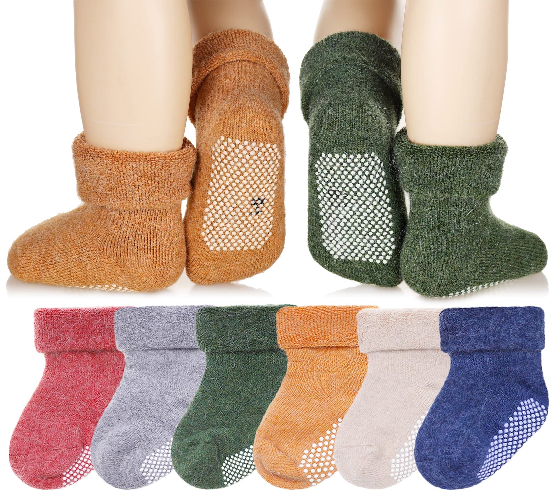 Eyean Baby Wool Grip Sock Soft Winter Warm Thick Non Slip Toddler Boy Girls Crew Socks For Children 6 Pairs (Solid Color, 3-5Yea