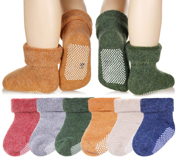 Eyean Baby Wool Grip Sock Soft Winter Warm Thick Non Slip Toddler Boy Girls Crew Socks For Children 6 Pairs (Solid Color, 3-5Yea