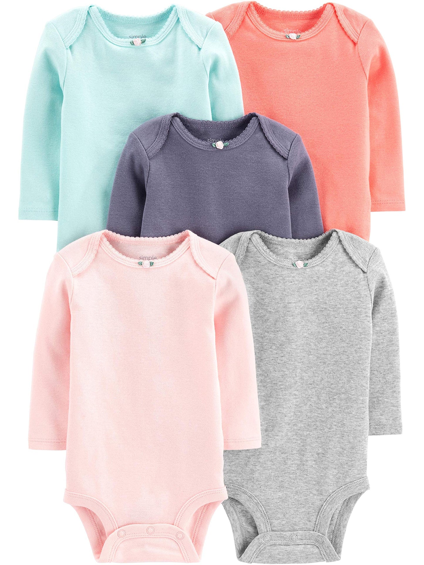Simple Joys By Carter'S Baby Girls' 5-Pack Long-Sleeve Bodysuit, Grey/Mint Green/Navy/Peach/Pink, 3-6 Months