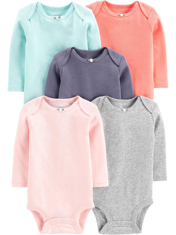 Simple Joys By Carter'S Baby Girls' 5-Pack Long-Sleeve Bodysuit, Grey/Mint Green/Navy/Peach/Pink, 12 Months