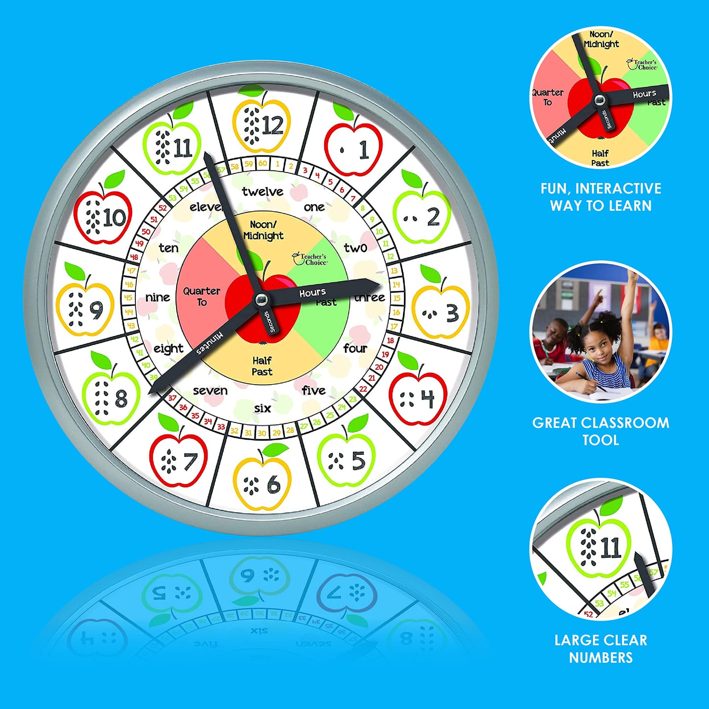 Educational Wall Clock - Silent Movement Time Teaching Clock for Teachers Classrooms and Kids Bedrooms (Silver/Multicolor Appl