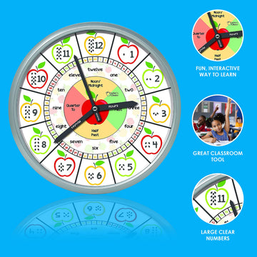 Educational Wall Clock - Silent Movement Time Teaching Clock for Teachers Classrooms and Kids Bedrooms (Silver/Multicolor Appl