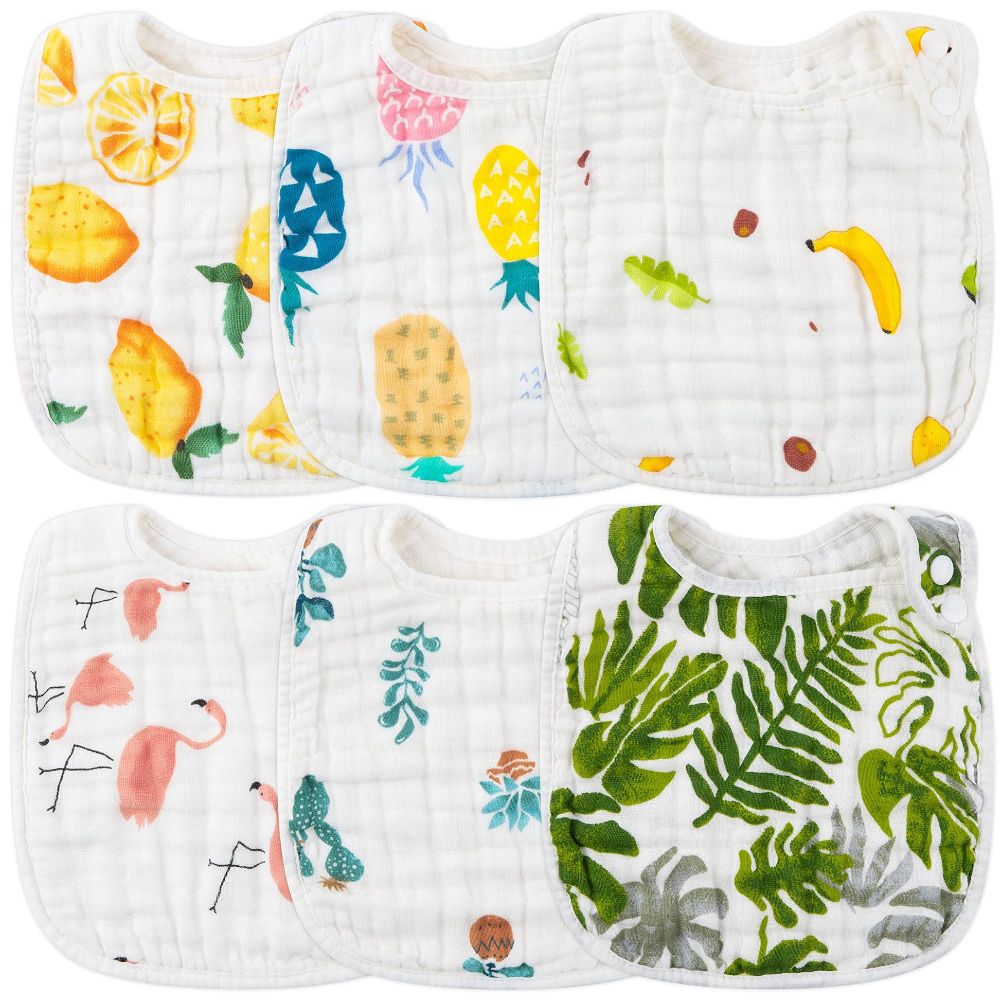 Zainpe 6Pcs Snap Muslin Cotton Bibs For Baby Lemon Flamingo Leaf Pineapple Bib With 6 Absorbent & Soft Layers Machine Washable A