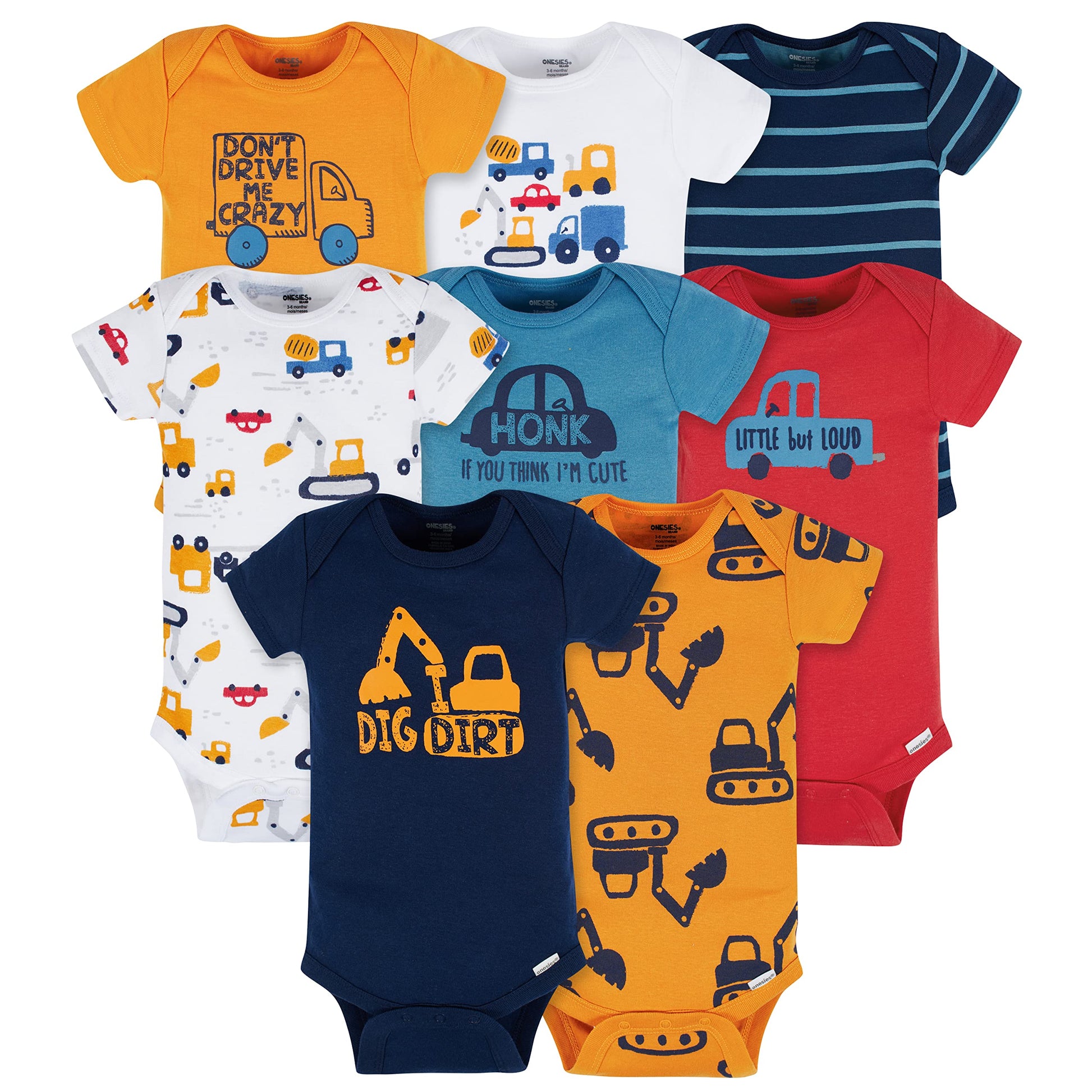 Onesies Brand Baby Boy'S 8-Pack Short Sleeve Mix & Match Bodysuits, Truck, 6-9 Months