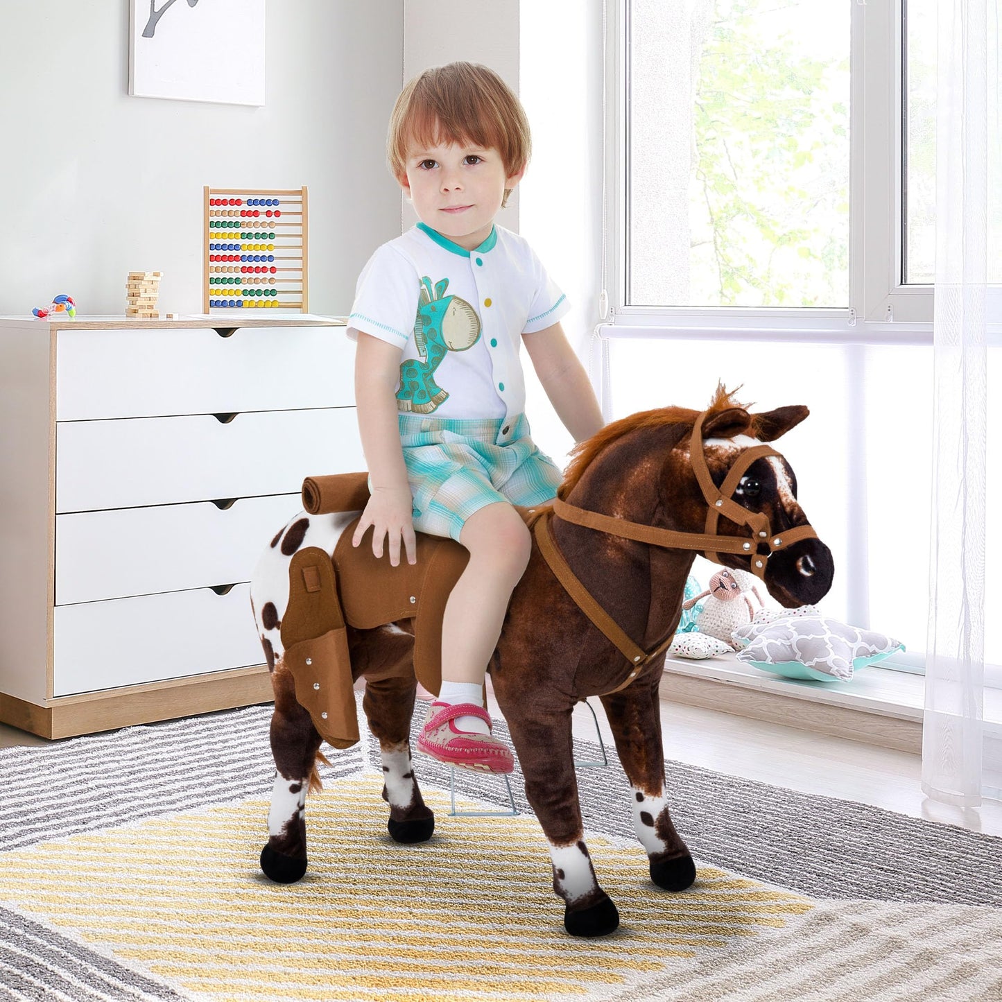 Qaba Sound-Making Ride On Horse for Toddlers 3-5, with Neighing and Galloping Sound, Stuffed Animal Horse Toy for Kids with Padd