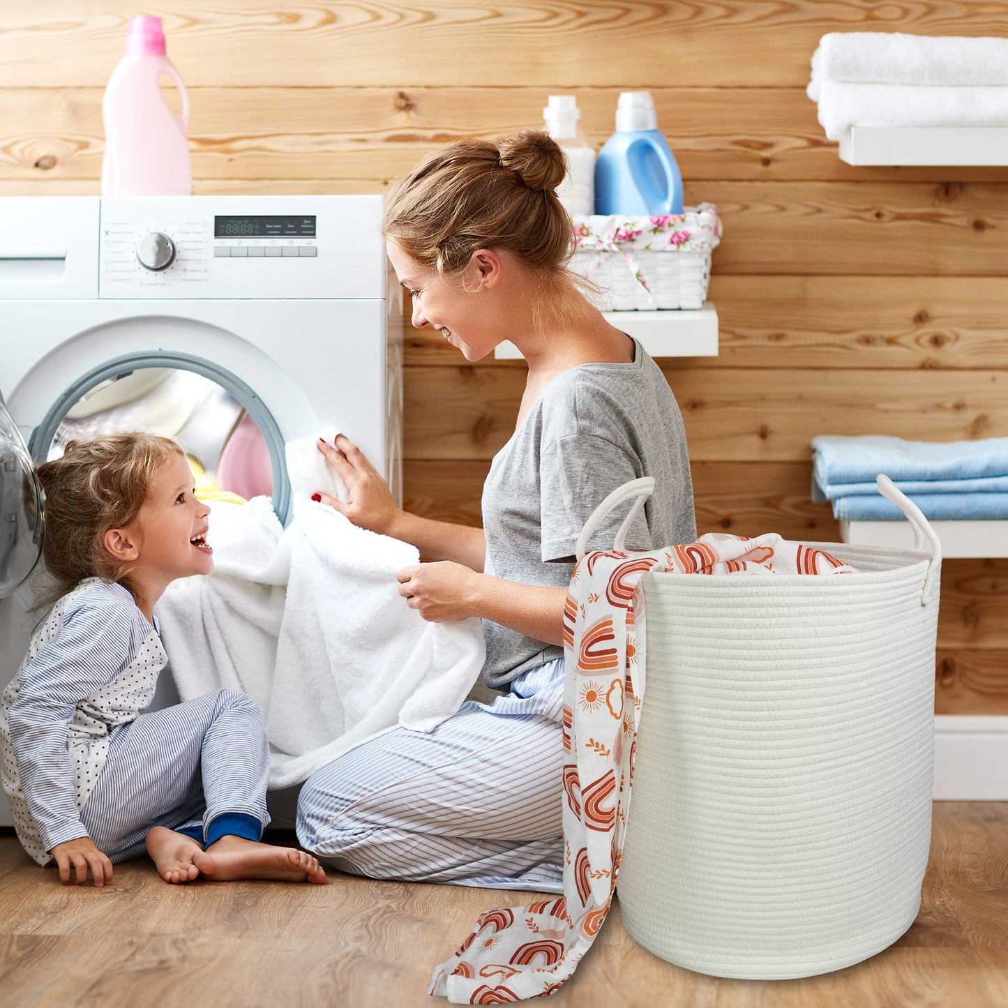 Xuanguo Cotton Rope Laundry Basket Hamper For Clothes Decorative Woven Storage Basket For Living Room Bedroom Boho Tall Rope Bas