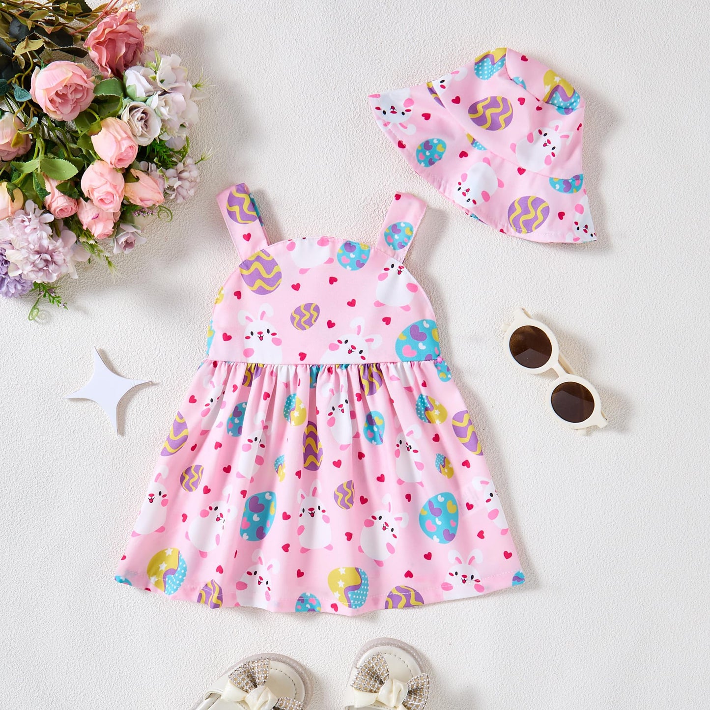 Baby Girl Dress Newborn Easter Dress Summer Pink Eggs Bunny Halter Dresses With Hat Cute Baby Easter Outfit Set Infant Clothes F