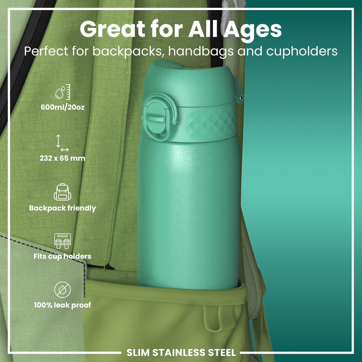 Ion8 Stainless Steel Water Bottle - Food-Safe And Odor Resistant - Fits Car Cup Holders, Backpack Pockets And More, 20 Oz  600 M