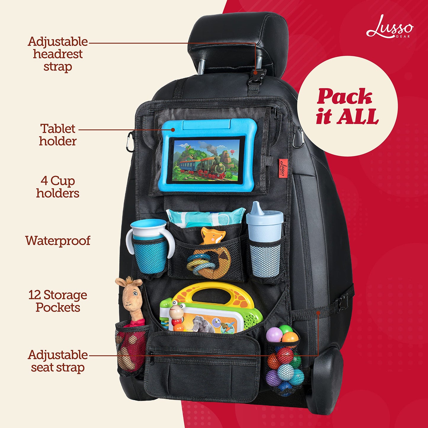 Lusso Gear Heavy Duty Back Seat Car Organizer Extra Large For Powerful Protection, Sag Proof & Reinforced Corners, Protects Ipad