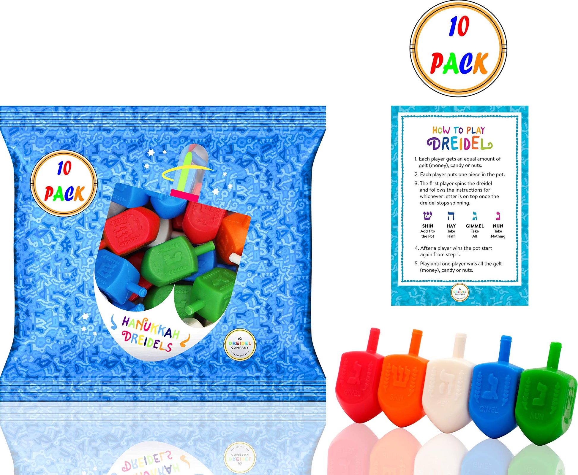 The Dreidel Company 10 Bulk Pack Multi-Color Plastic Hanukkah Dreidels With English Transliteration - Includes Game Instruction