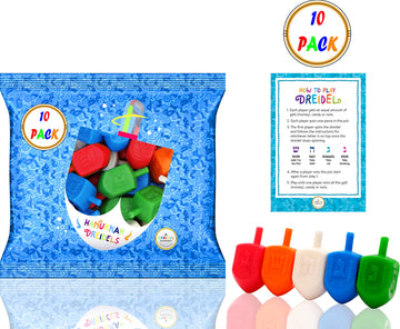 The Dreidel Company 10 Bulk Pack Multi-Color Plastic Hanukkah Dreidels With English Transliteration - Includes Game Instruction