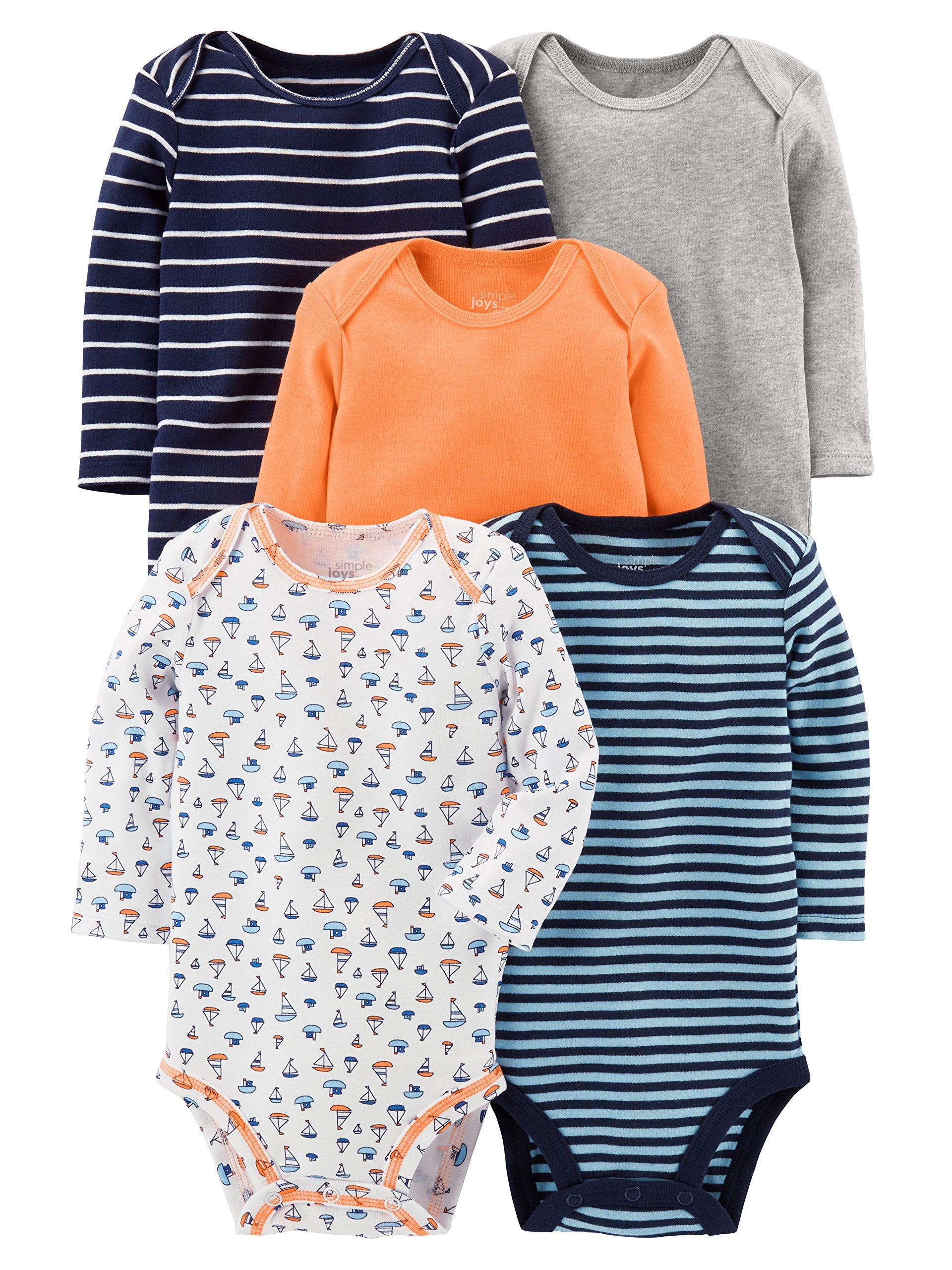 Simple Joys By Carter'S Baby Boys' 5-Pack Long-Sleeve Bodysuit, Blue/Grey Heather/Navy Stripe/Orange/White Sailboats, Newborn