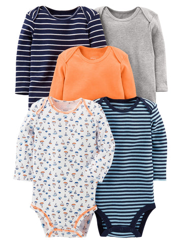 Simple Joys By Carter'S Baby Boys' 5-Pack Long-Sleeve Bodysuit, Blue/Grey Heather/Navy Stripe/Orange/White Sailboats, Newborn