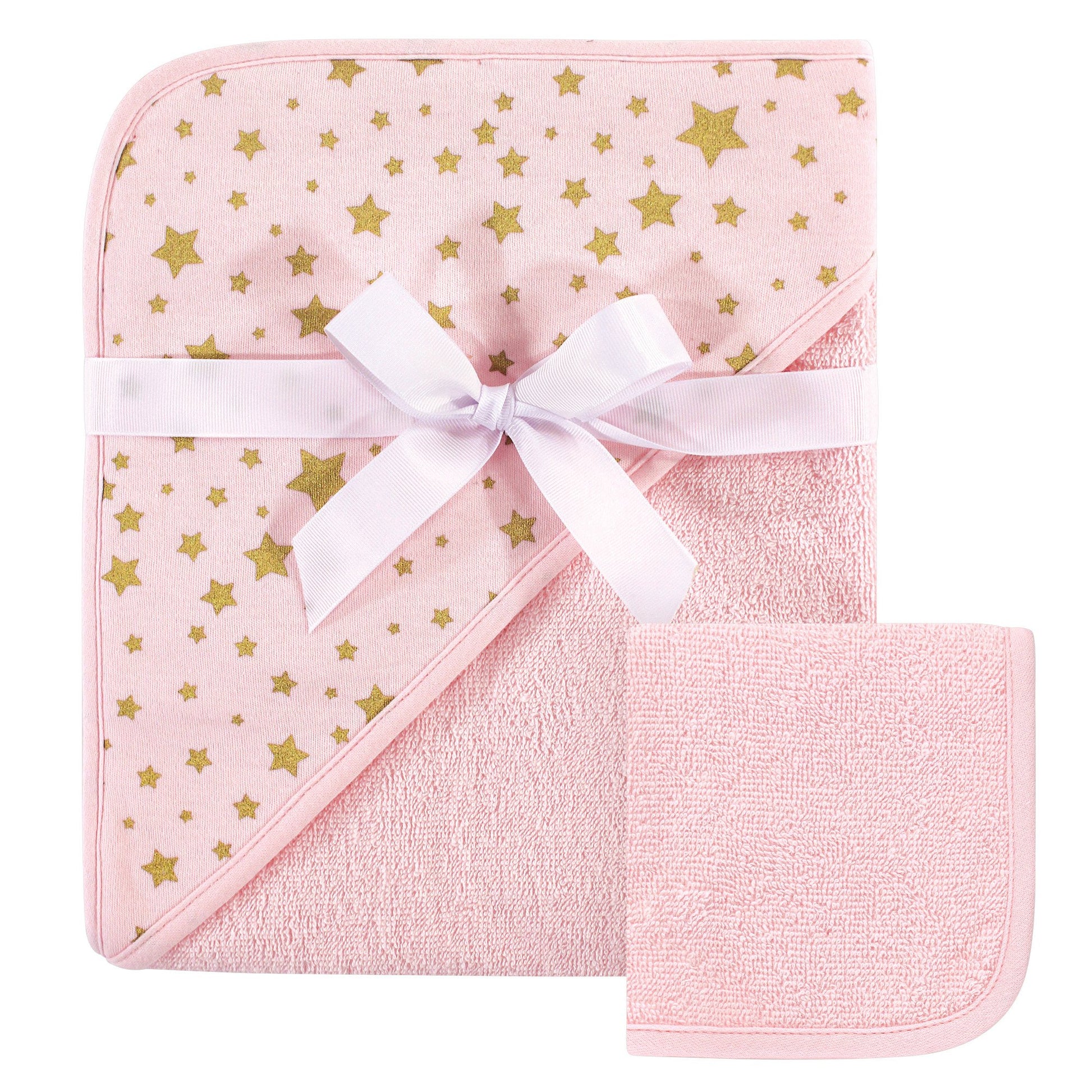 Hudson Baby Unisex Baby Cotton Hooded Towel And Washcloth, Pink Gold Star, One Size