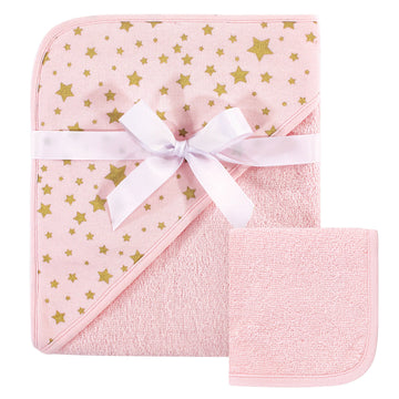 Hudson Baby Unisex Baby Cotton Hooded Towel And Washcloth, Pink Gold Star, One Size