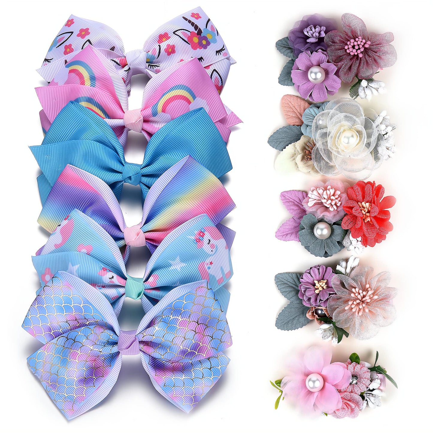 5 Inch Hair Bows For Girls Boutique Ribbon Artificial Floral Hair Bow Clips Hair Accessory For Girls 11Pcs