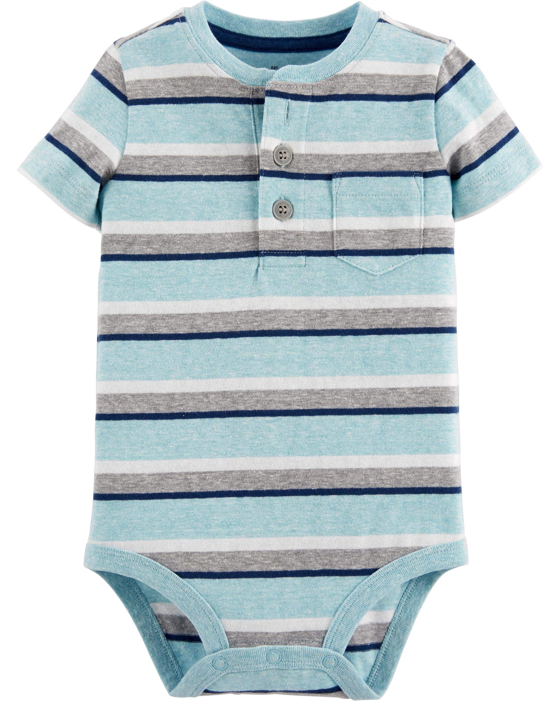 Oshkosh B'Gosh Baby Boys Pocket Henley Bodysuit, Tourist Blue Stripe, 12 Months