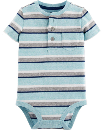 Oshkosh B'Gosh Baby Boys Pocket Henley Bodysuit, Tourist Blue Stripe, 12 Months