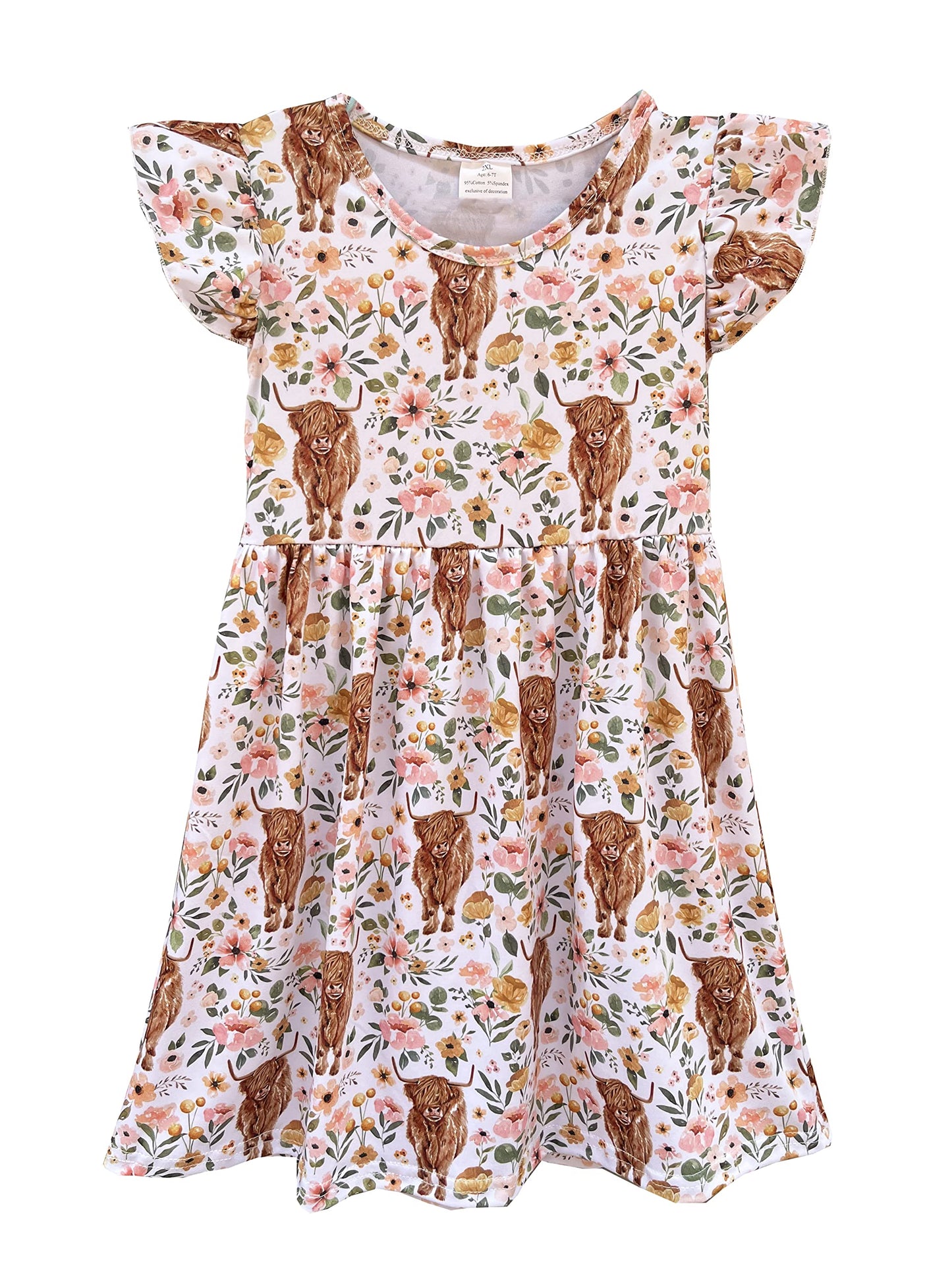 Nebljgo Infant Baby Girls Highland Cow Flutter Sleeve Pearl Cow Children Girl Spring Summer Kids Dress (7-8T) White