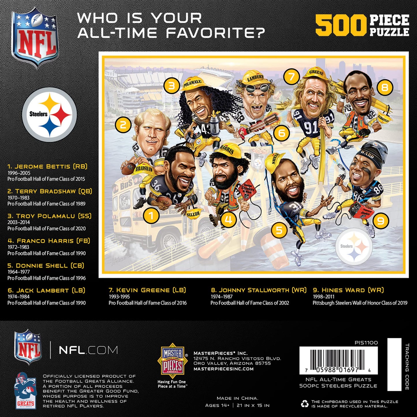 MasterPieces 500 Piece Sports Jigsaw Puzzle for Adults - NFL Pittsburgh Steelers All-Time Greats - 15x21