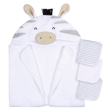 Gerber Baby 4 Piece Animal Character Hooded Towel And Washcloth Set, Grey Zebra, One Size