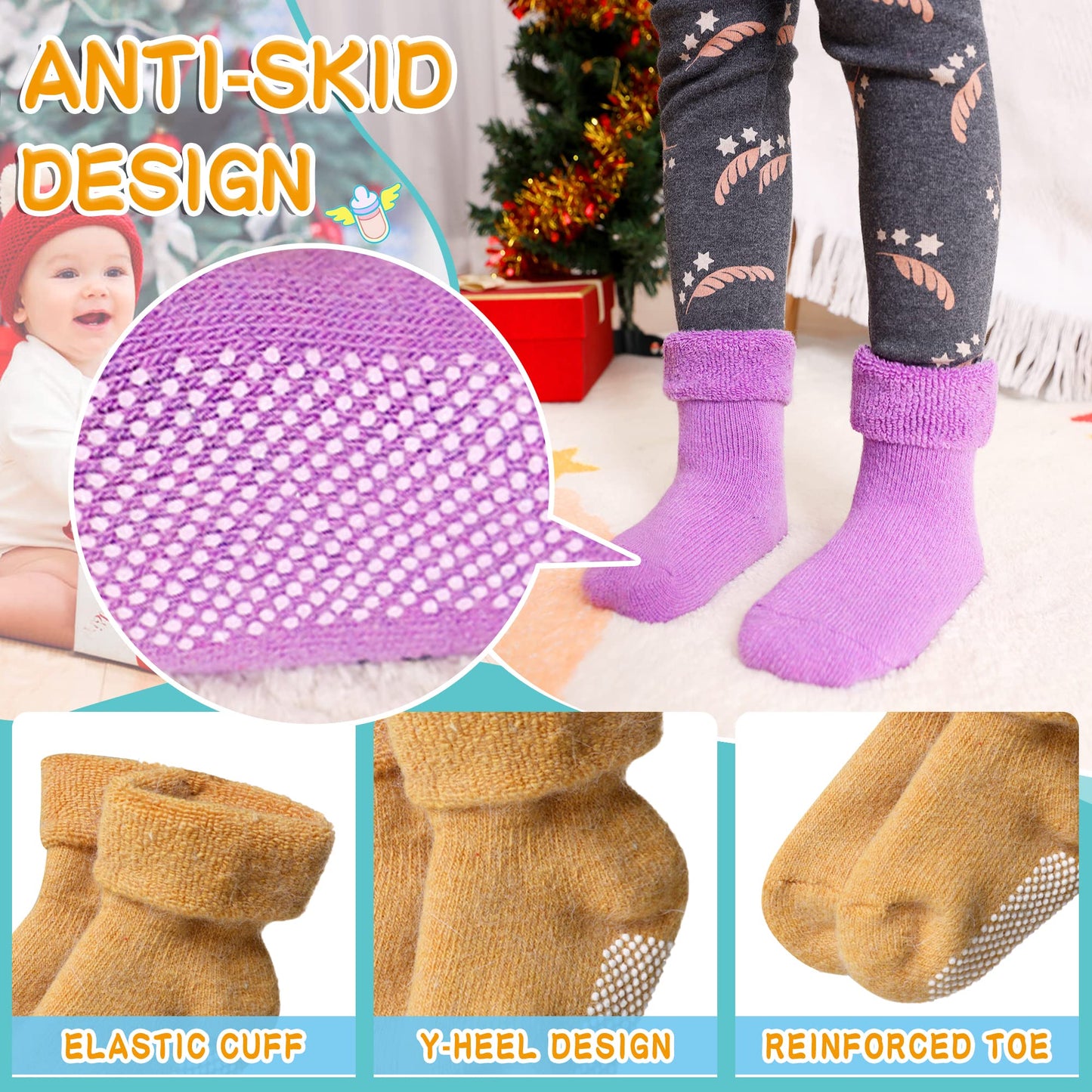 Eyean Baby Wool Grip Sock Soft Winter Warm Thick Non Slip Toddler Boy Girls Crew Socks For Children 6 Pairs (Solid Color-C, 1-3