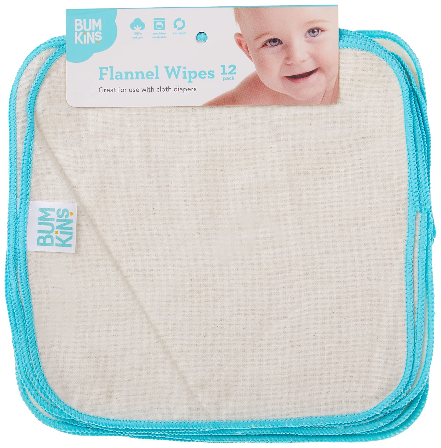Bumkins Reusable Flannel Baby Wipes, 12 Count, Natural